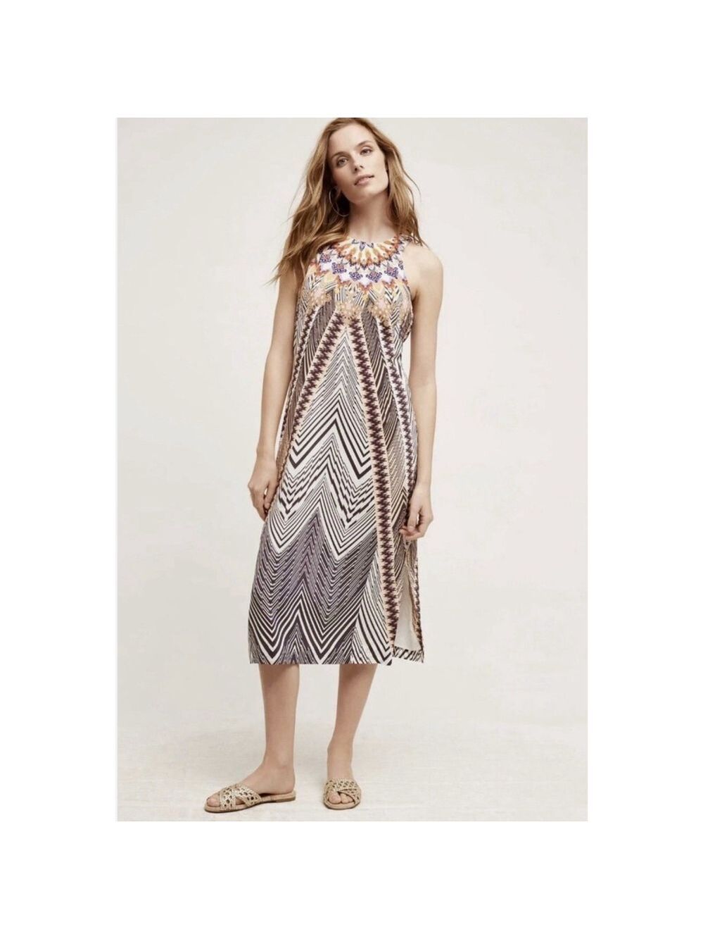 HD in Paris Anthropologie Solstice 100% Silk Maxi Dress 8 Resort Travel Beach